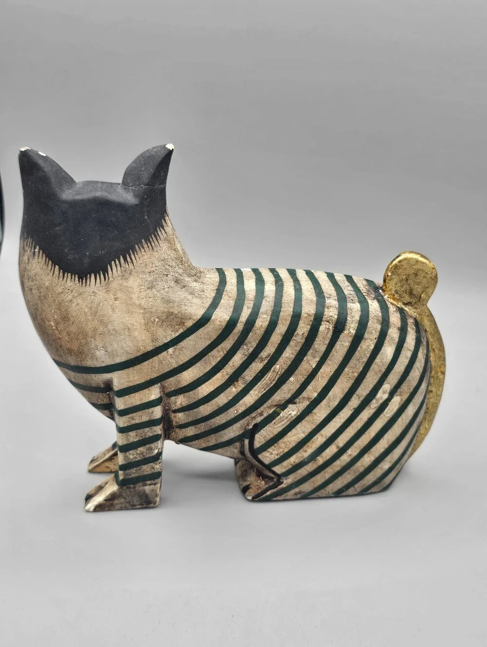 Vtg Indonesian Bali Thai Folk Art Carved Wood Cat Figurine Hand Painted Cheshire
